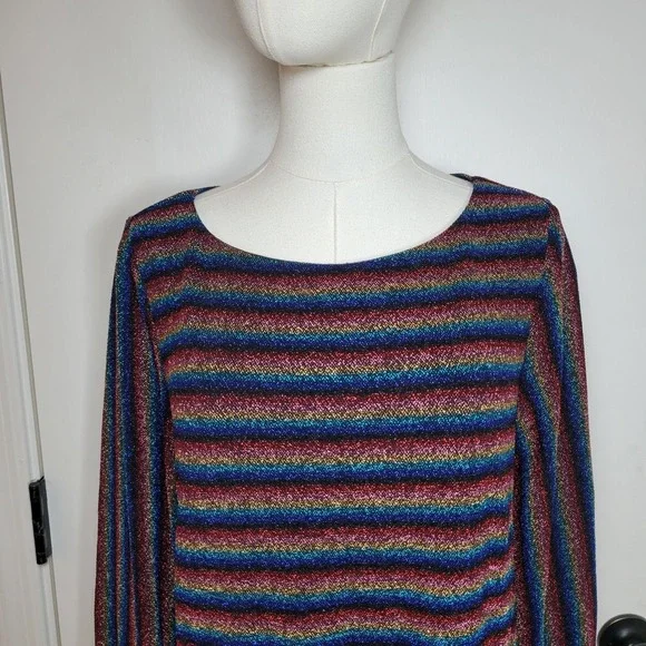 Anthropologie Eri + Ali Shimmer Stripe Long Sleeve Dress M Metallic Holiday - Picture 5 of 10